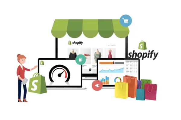 Illustration showing Shopify storefront and dashboards to represent centralized reporting and ecommerce analytics.