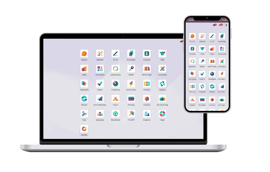 Laptop and smartphone showing Odoo ERP system for deployment and integration services