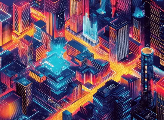 Futuristic city illustration symbolizing fast, connected data flows and scalable ecommerce operations.