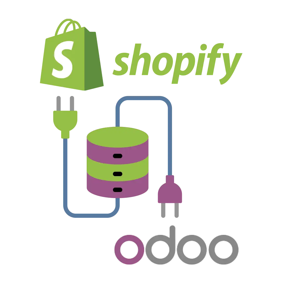 Illustration showing Shopify and Odoo connected through automated real-time inventory synchronization.