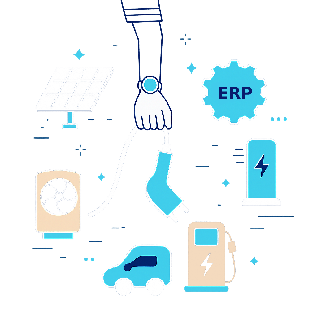 Visual representing Energy Solution software and key energy installations such as solar panels, wind turbines and EV chargers.
