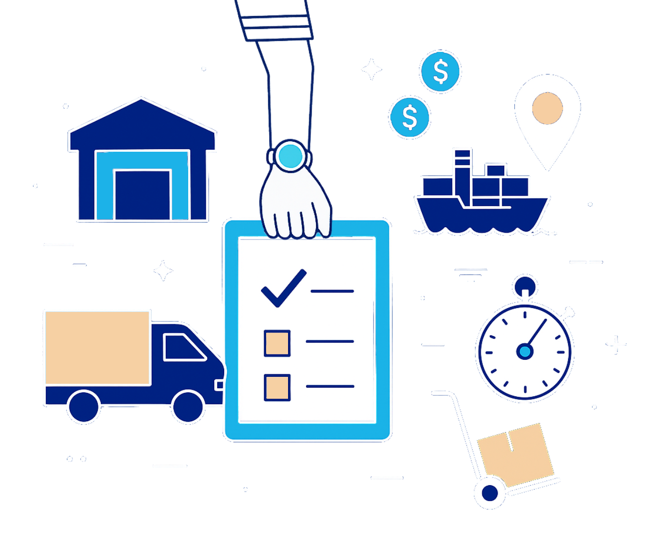 Transport and logistics illustration showing trucks, cargo, and real-time ERP optimization on Odoo.